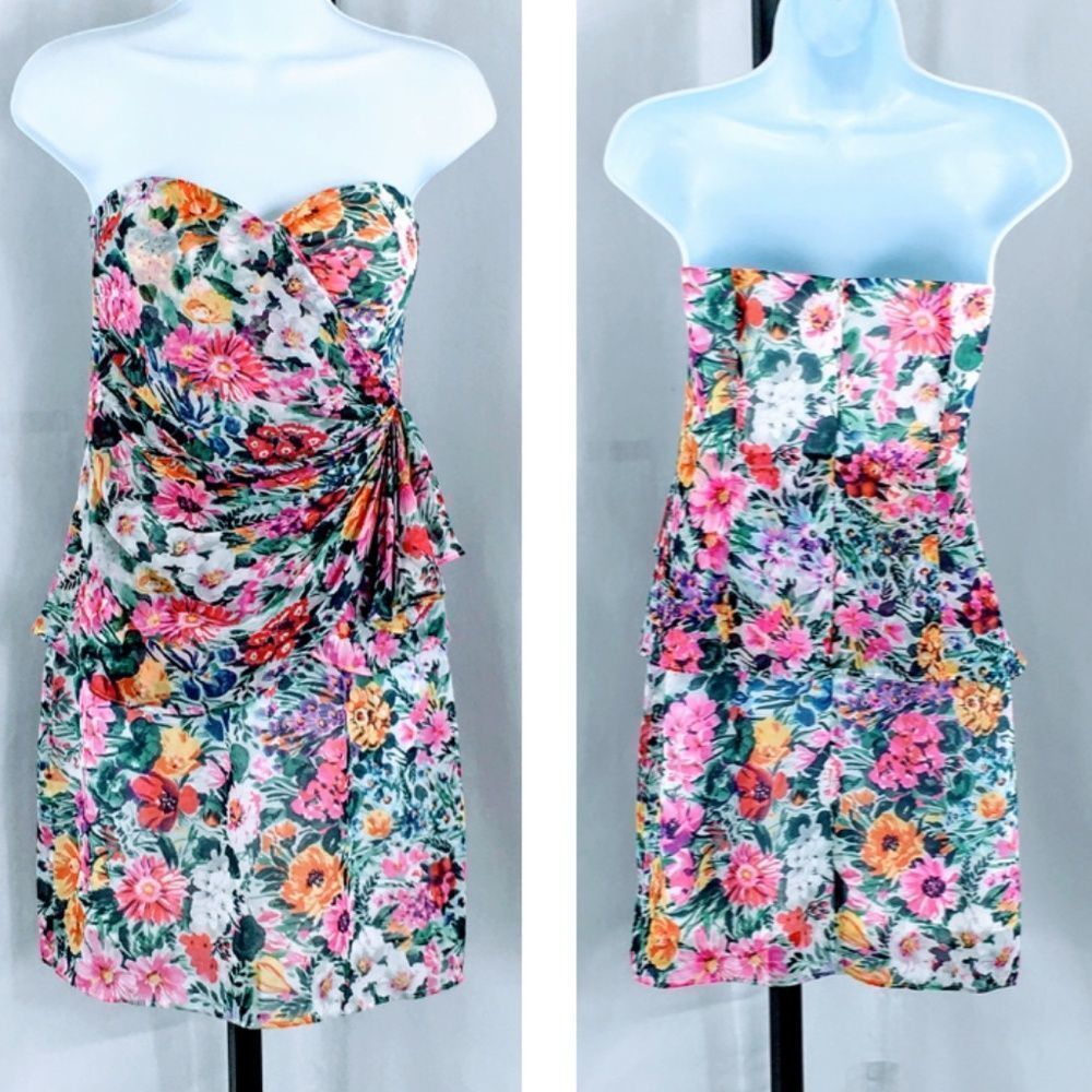 Yumi Kim Silk Dress Strapless Katie Floral Sheath Rouched Mini Dress Sz S - Picture 2 of 14